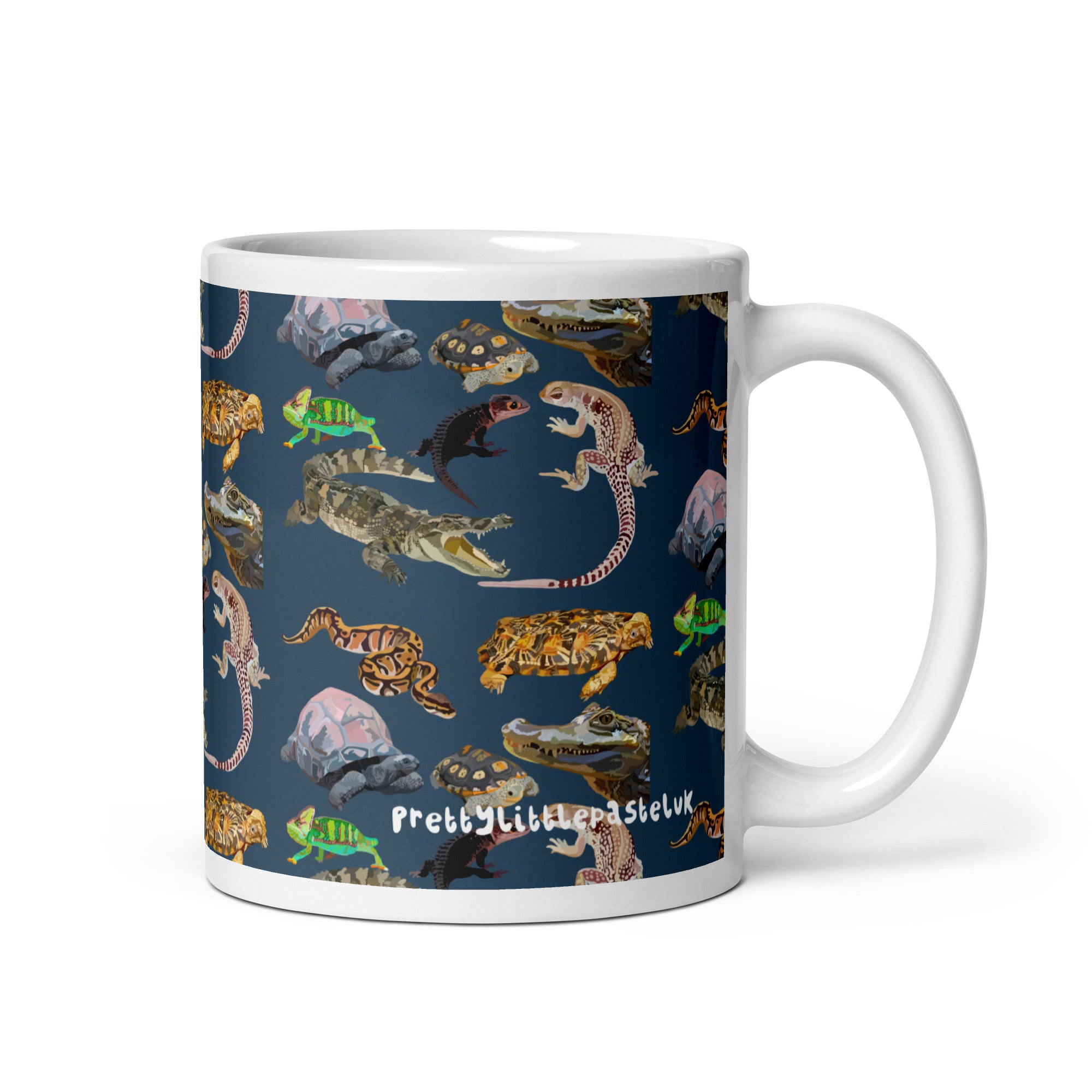 Mixed Reptile Species Mug – Chameleon, Tortoise, Turtle & Crocodile Print, 11oz Ceramic, Microwave & Dishwasher Safe